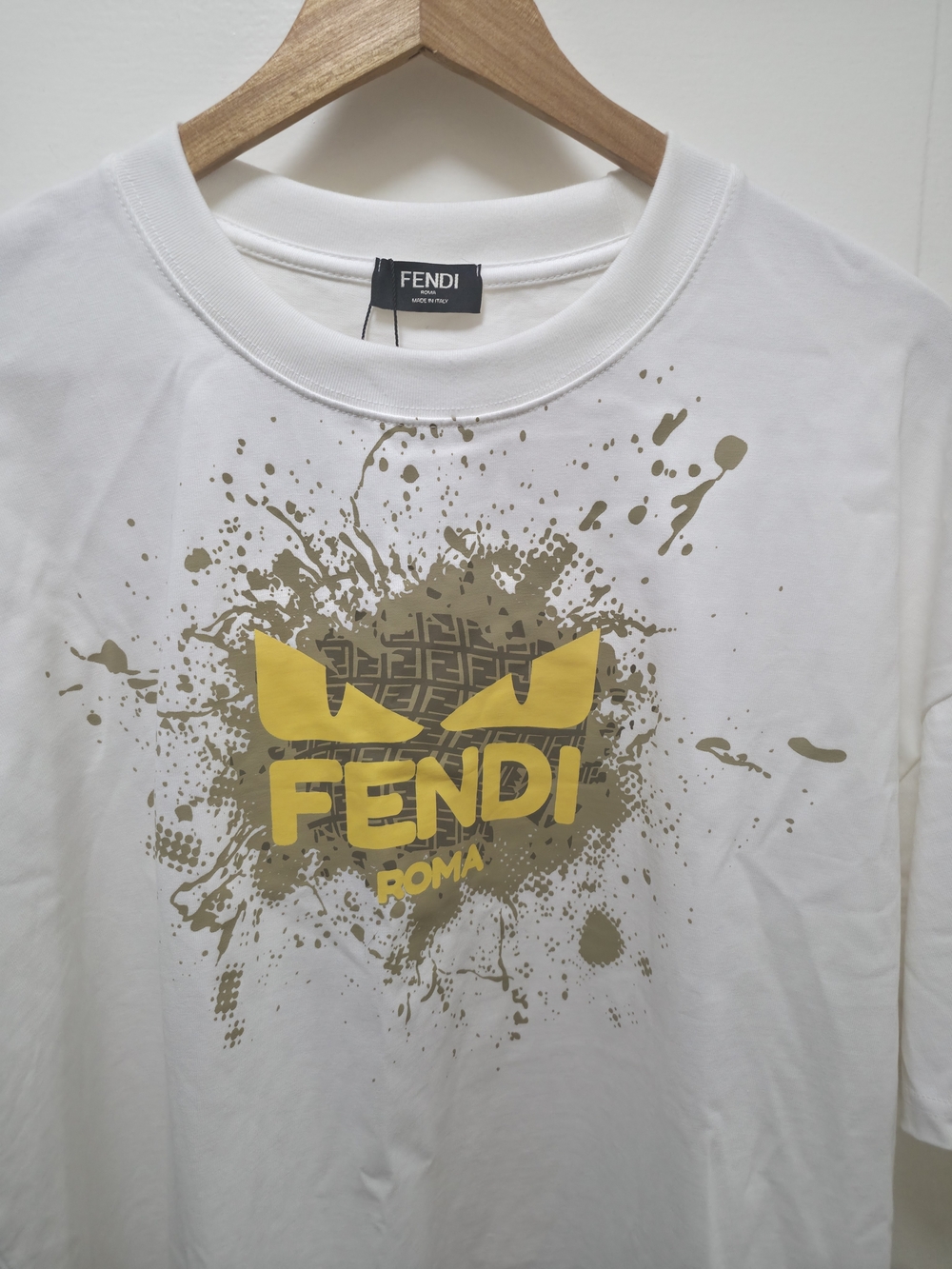 Fendi White Graphic Logo T-Shirt with Yellow Accent